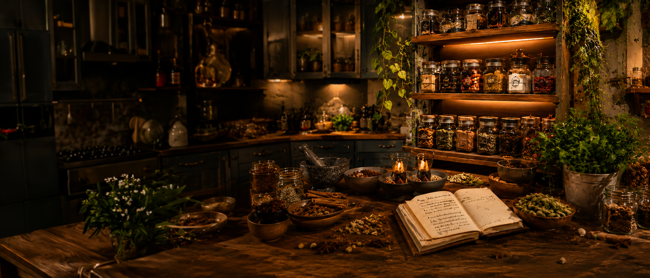 A warm kitchen workspace with whole spices, recipe notes, and cooking tools